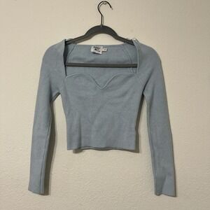 Princess Polly‎ Blue Ribbed Sweetheart Neck Crop Top M/L Y2K Long Sleeve Knit